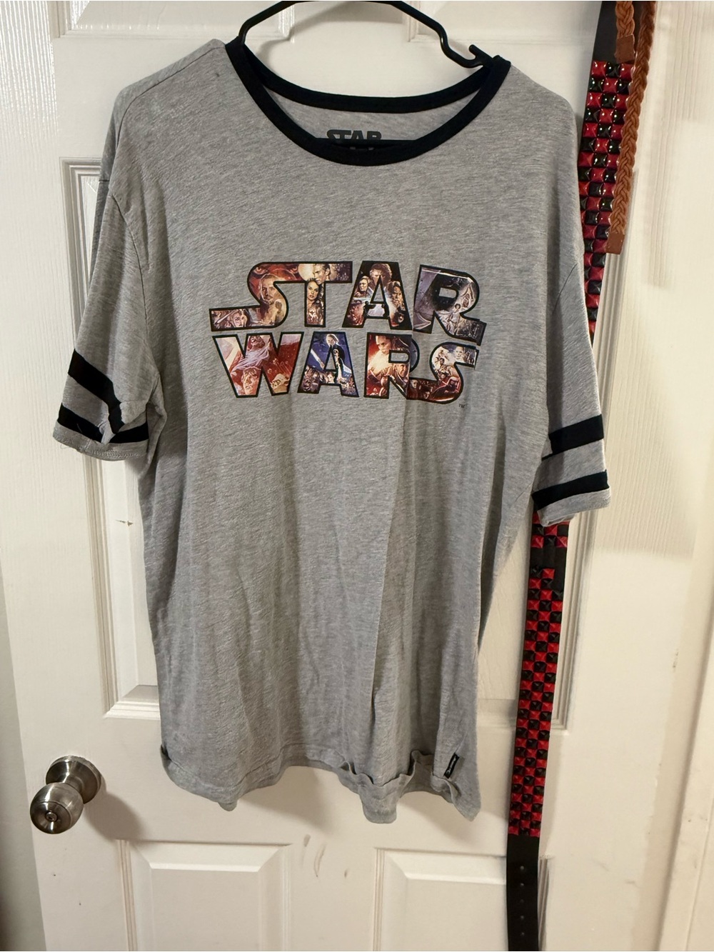 Star Wars Gray Short Sleeve Tee with Character-Filled Logo and Black Trim